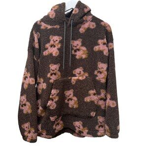 HAZEL BOUTIQUE Teddy Fleece Hoodie Small Oversized Bears Pullover Brown Jacket